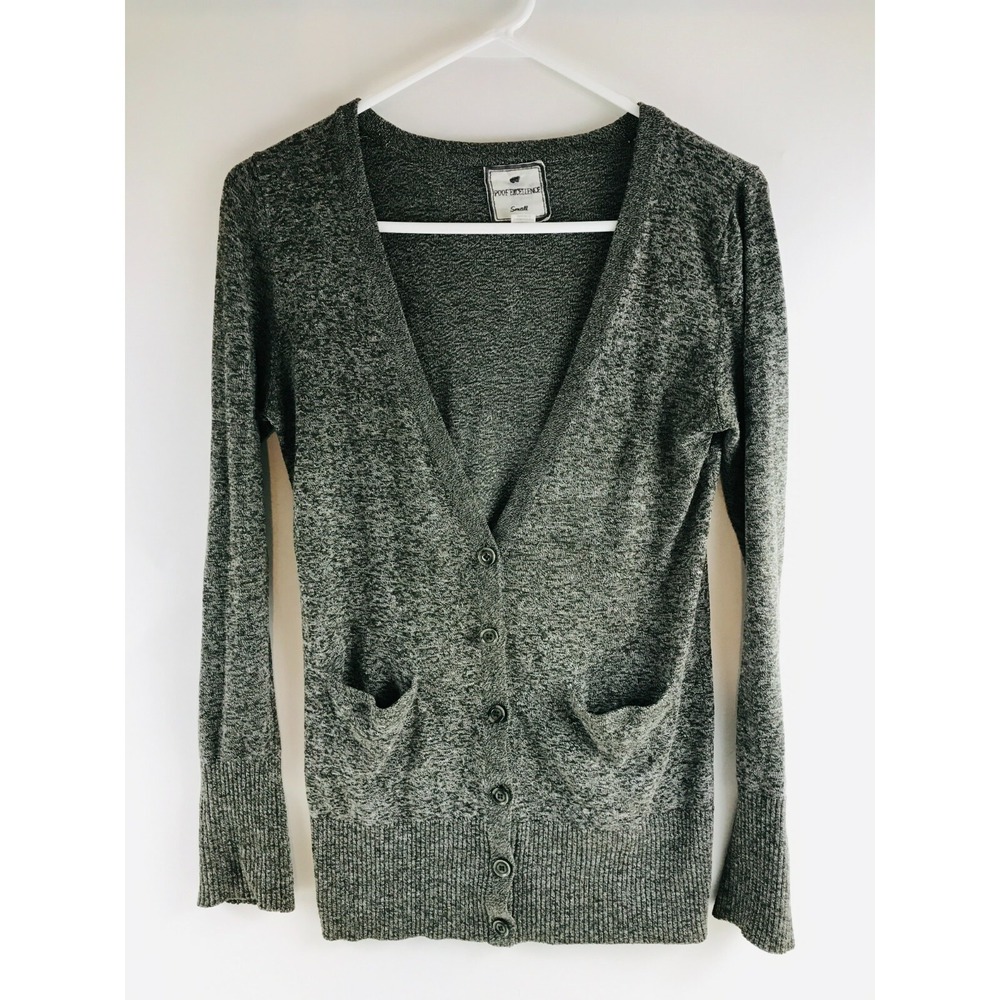 Poof Excellence Cardigan Sweater Women's Size S Gray Brown Buttoned  Ribbed Edge